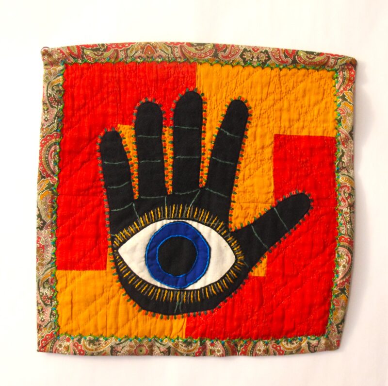 Hamsa, 2024, Applique and embroidery n vintage quilt, 12.5 x 12.5, $300